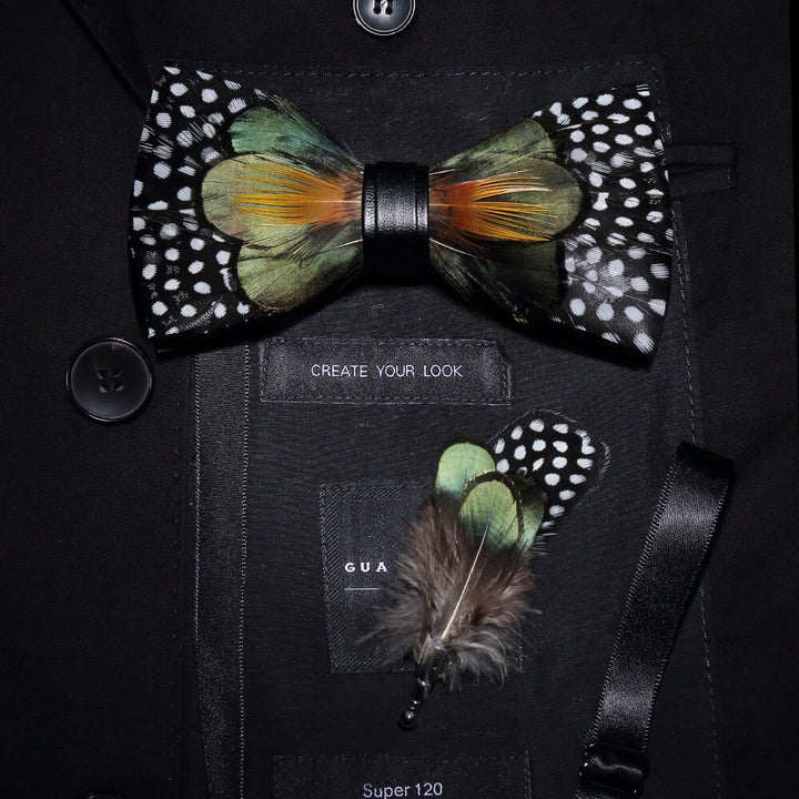 ForestGreen & Orange White Dots Feather Bow Tie with Lapel Pin - ForestGreen & Orange - image 0