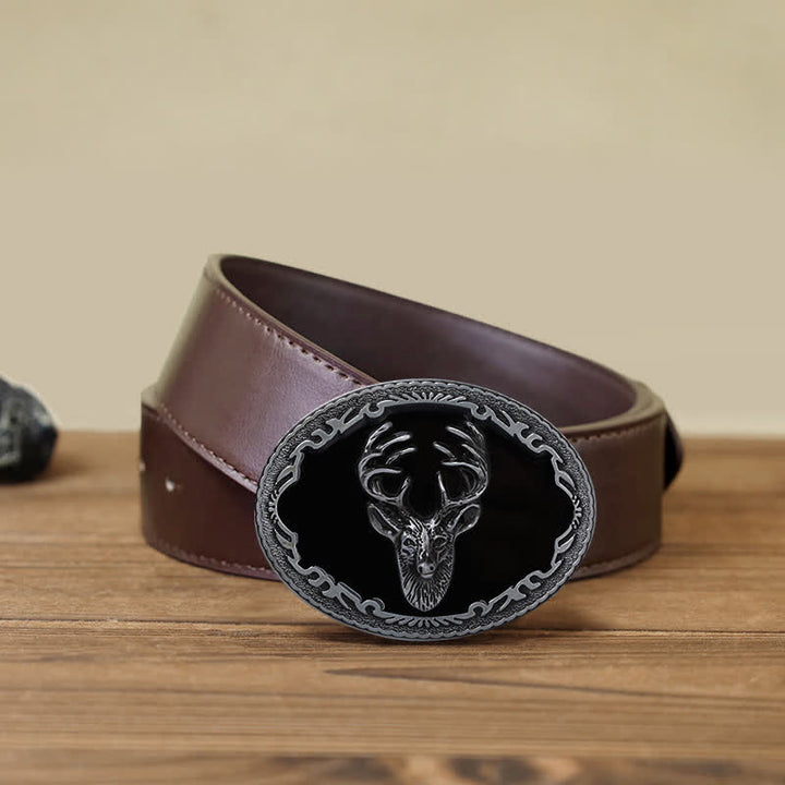 Men's DIY Black Deer Head Buckle Leather Belt - Deer - Brown PU Belt (40) - image 7