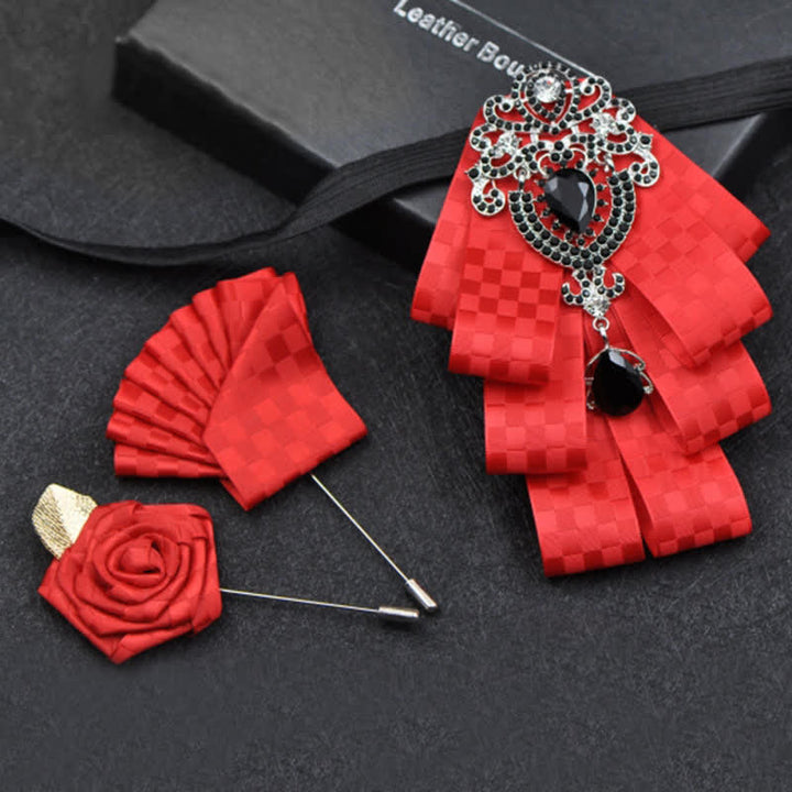 3Pcs Plaid Black Rhinestone Bow Tie Set - Red Checks - image 17
