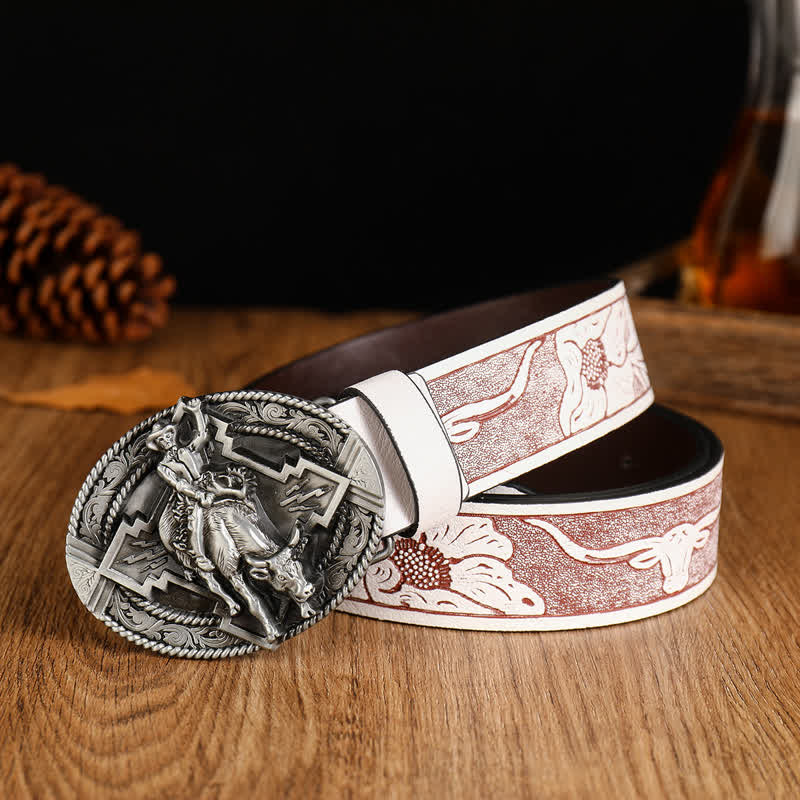 Men's Domineering Riding Bull Leather Belt - White / Silver - 42 - image 2