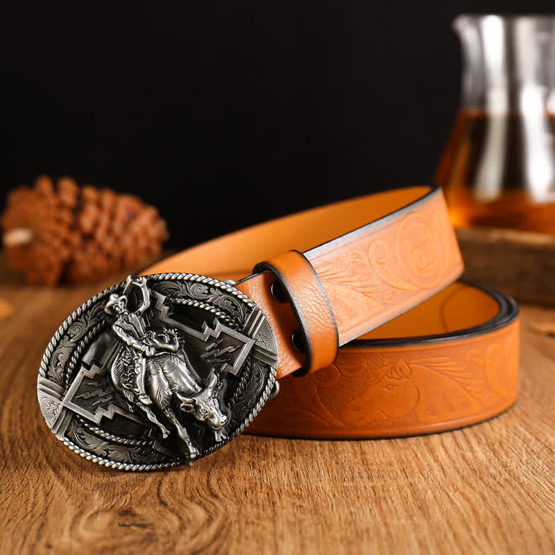 Men's Domineering Riding Bull Leather Belt - Brown / Silver - 42 - image 4