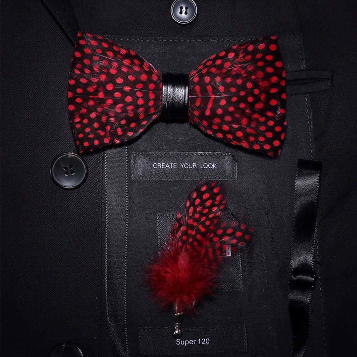 Red Polka Dots Feather Bow Tie with Lapel Pin - Red - image 0