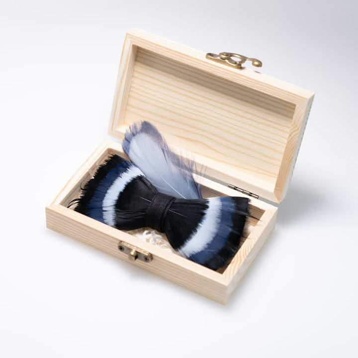 Black & Shade of Blue Feather Bow Tie with Lapel Pin - image 1
