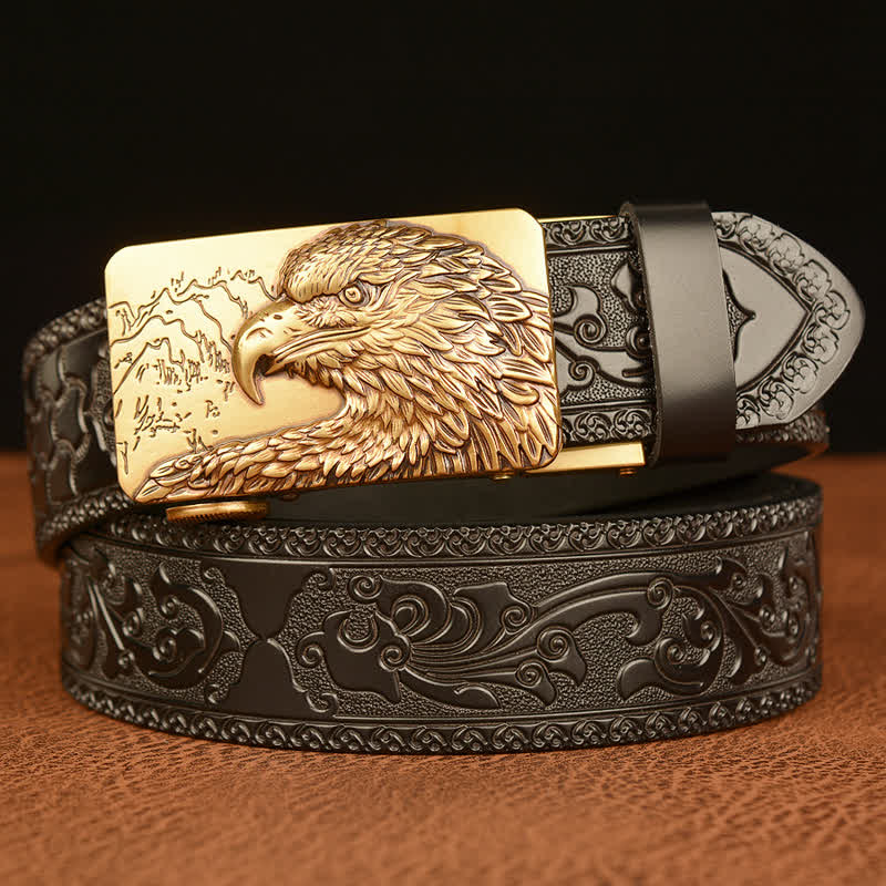 Men's Eagle Head Carved Leather Belt - Gold & Black - 46 - image 10