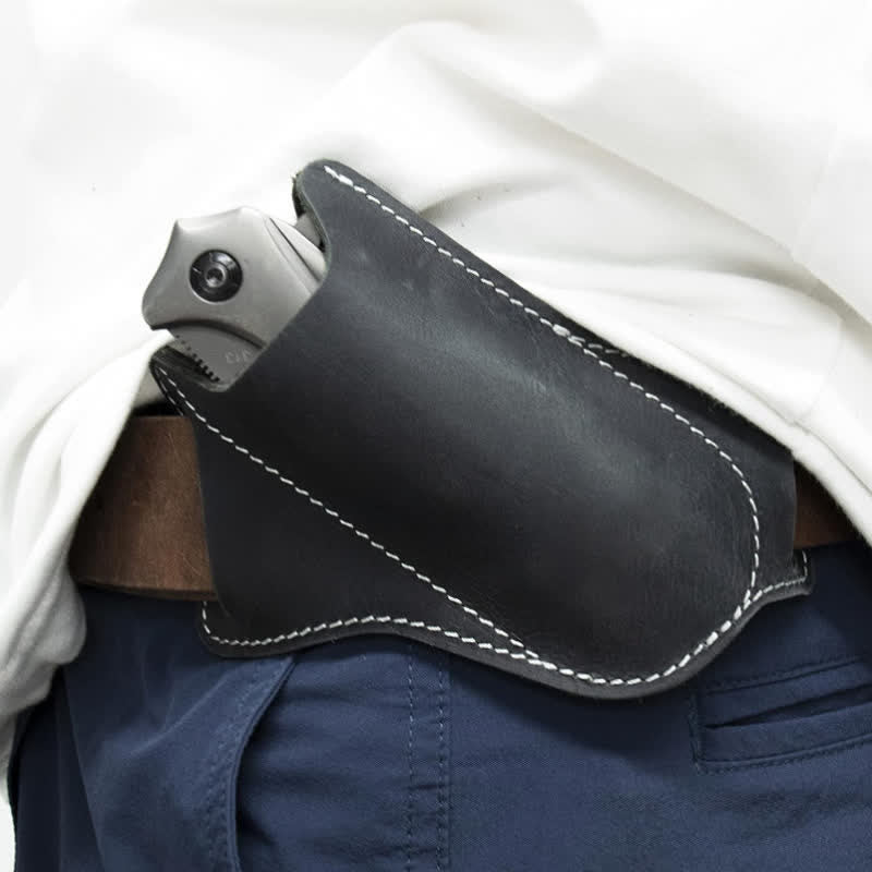 EDC Folding Knife Sheath Leather Holster Belt Bag - Black - image 3