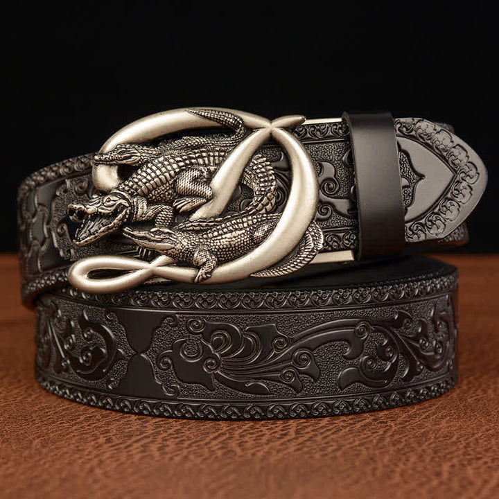 Men's Crocodile Buckle Embossing Leather Belt - Silver & Black - 46 - image 16