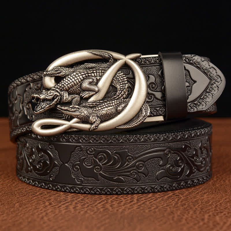 Men's Crocodile Buckle Embossing Leather Belt - Silver & Black - 46 - image 16