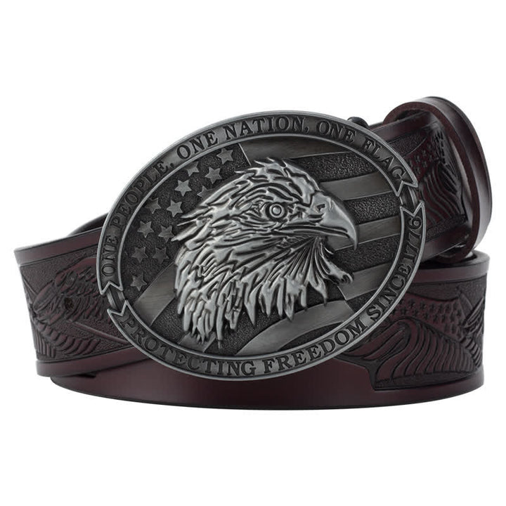 Men's Bald Eagle Head American Flag Buckle Leather Belt - Coffee / Gray - 46 - image 7