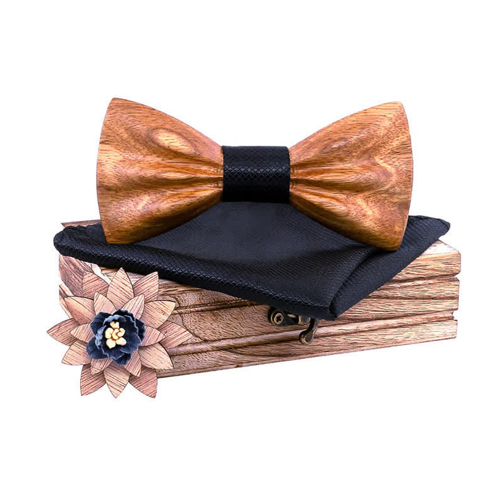 3Pcs Men's Hand Carved Crease Wooden Bow Tie Set - Zebra - Black - image 13