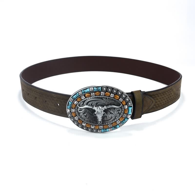 Men's Western Cowboy Turquoise Bull Leather Belt - image 12