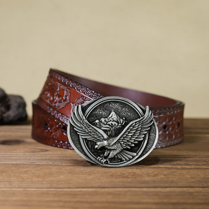Men's DIY Domineering Flying Eagle Buckle Leather Belt - Antique Silver - Brown Carved Belt (40) - image 19