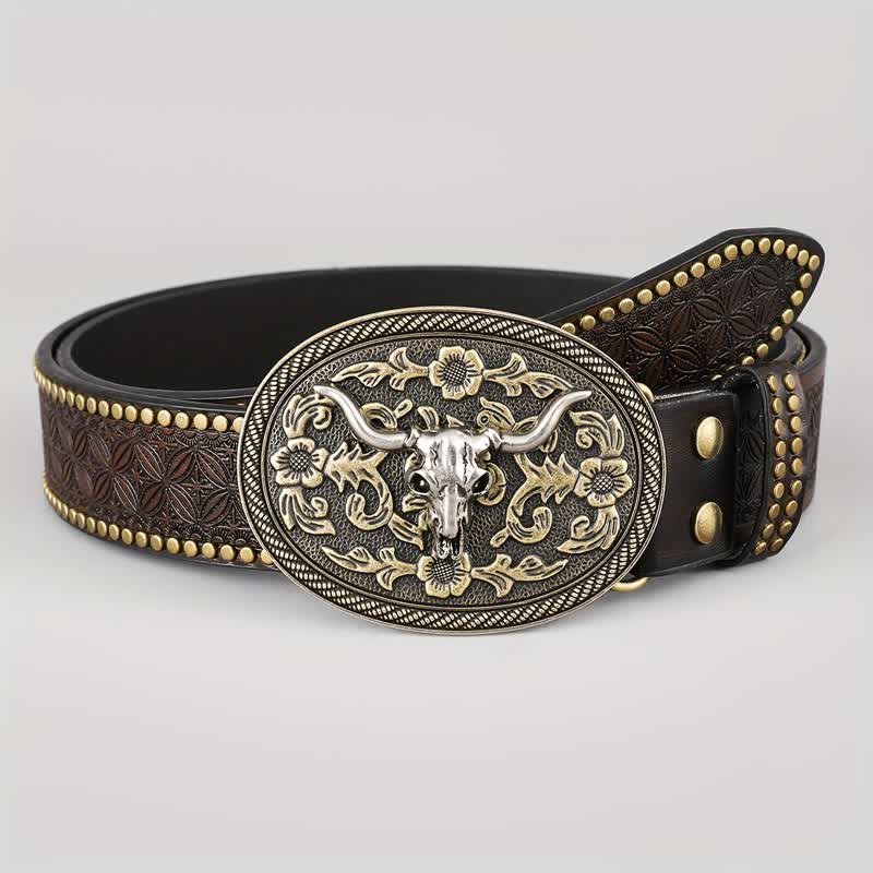 Men's Dark Brown Bull Head Embossed Leather Belt - image 1