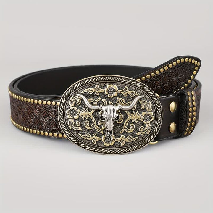 Men's Dark Brown Bull Head Embossed Leather Belt - image 1