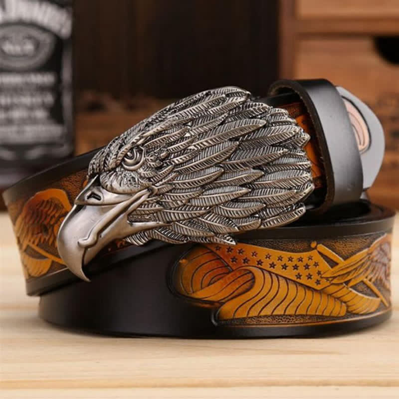 Men's Sharp Eyes 3D Vulture Head Eagle Buckle Leather Belt - Black / Silver - 46 - image 11