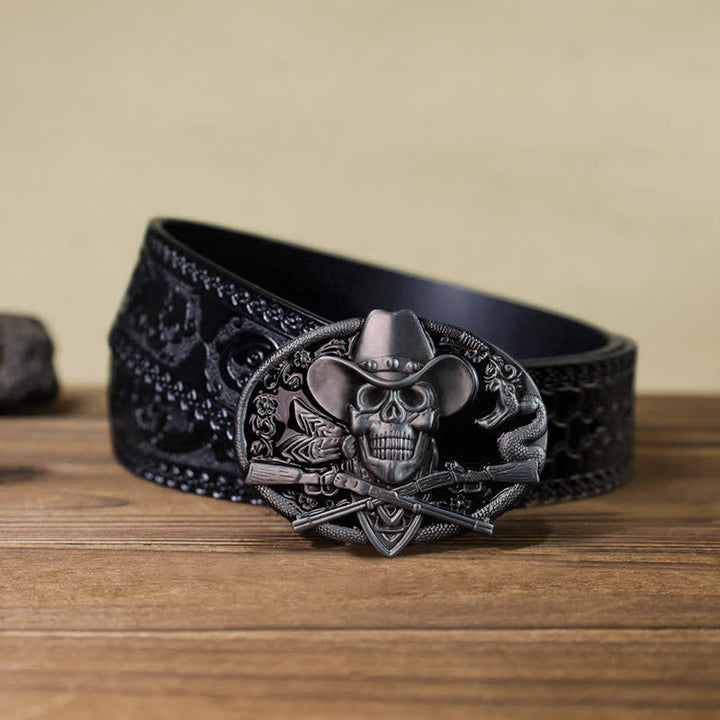 Men's DIY Skull With Cross Guns Buckle Leather Belt - Skull - Black Carved Belt (40) - image 8