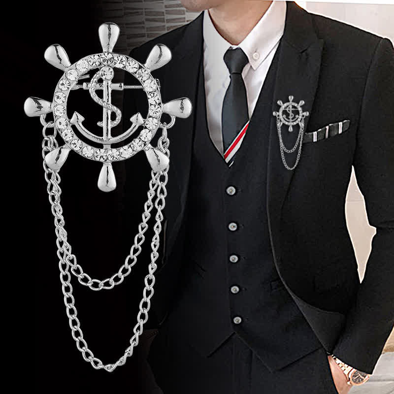 Men's Navy Ship Wheel Anchor Chain Brooch - Silver - image 5