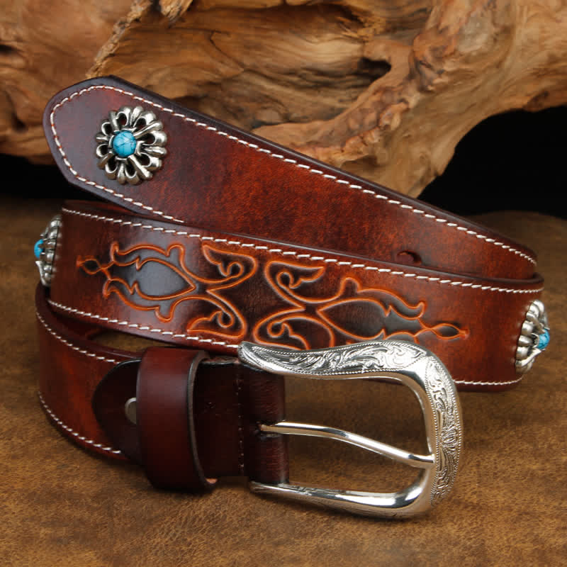 Unisex Retro Brown Turquoise Flower Leather Belt - image 3