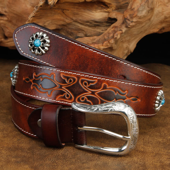 Unisex Retro Brown Turquoise Flower Leather Belt - image 3