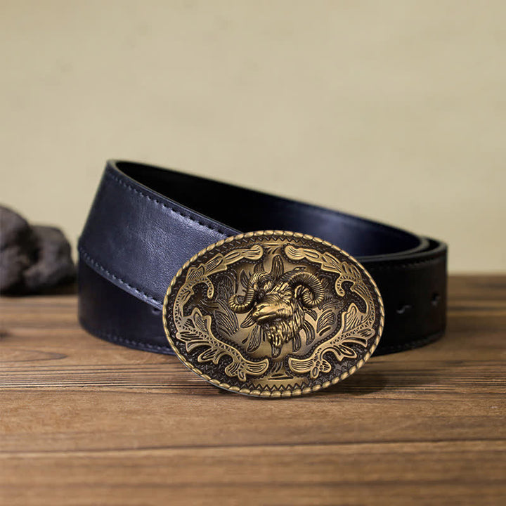 Men's DIY Bronze Wild Goat Head Buckle Leather Belt - Wild Goat - Black PU Belt (40) - image 3