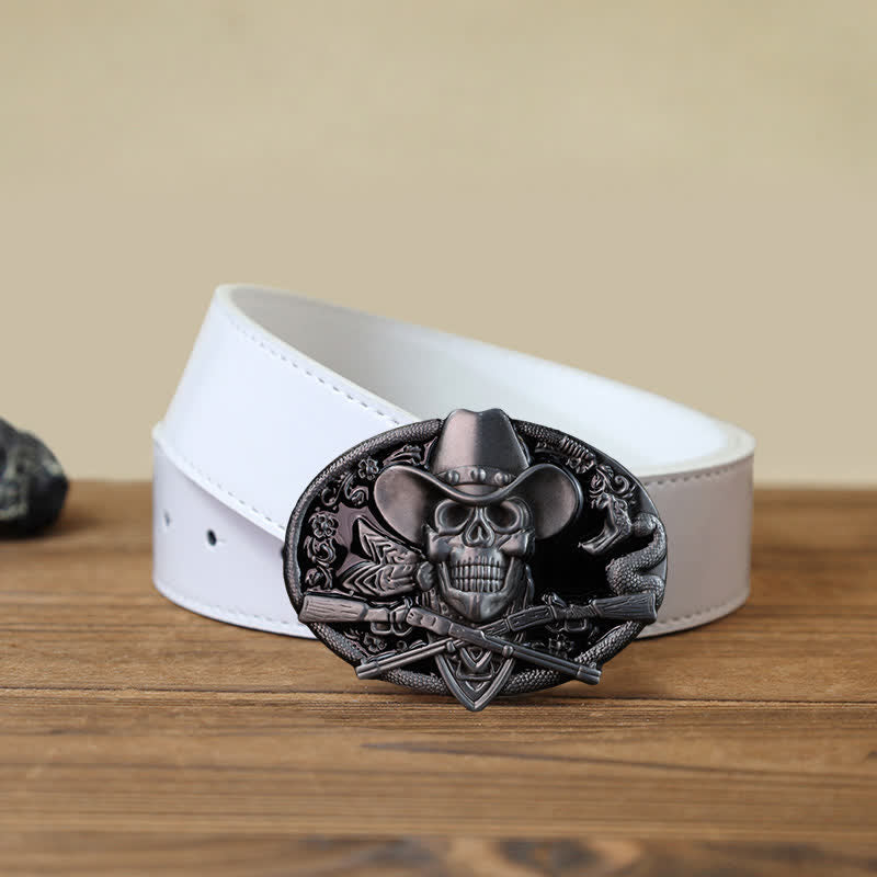 Men's DIY Skull With Cross Guns Buckle Leather Belt - Skull - White PU Belt (40) - image 4