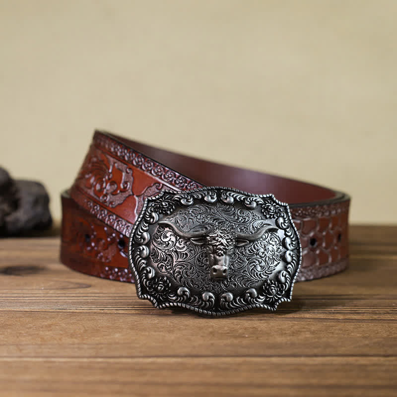 Men's DIY Longhorn Bull Antiqued Silver Buckle Leather Belt - Silver - Brown Carved Belt (40) - image 16