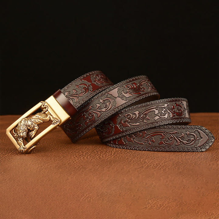 Men's Tiger Buckle Floral Embossed Leather Belt - image 4