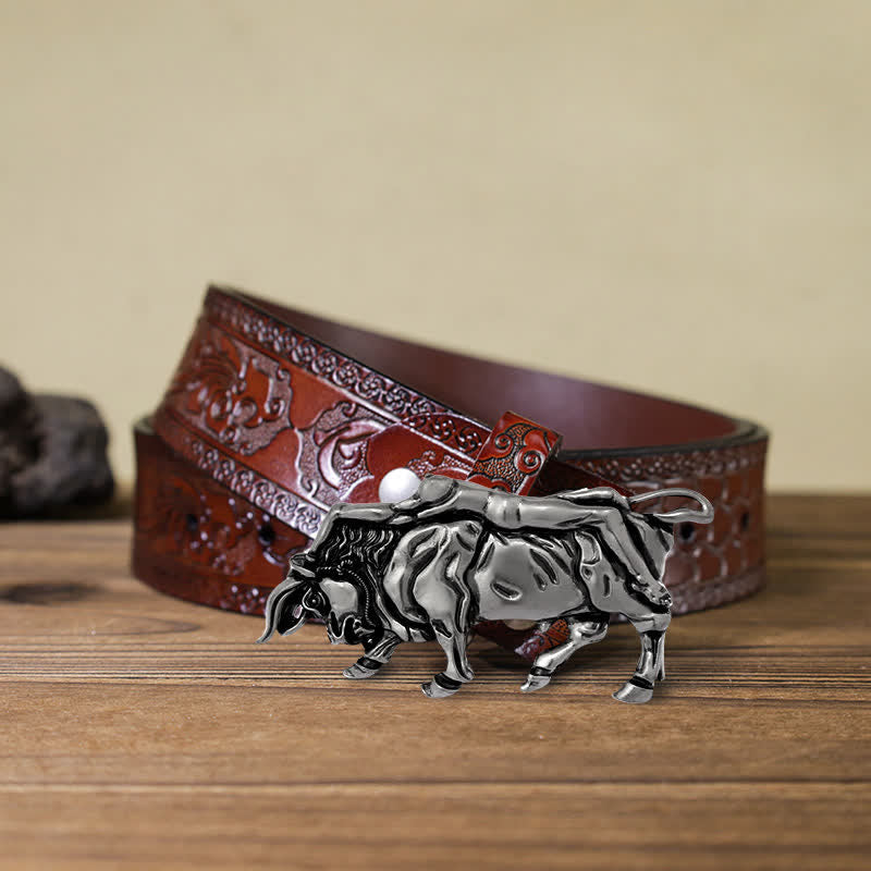 Men's DIY Authentic Silver Bull Buckle Leather Belt - Bull - Brown Carved Belt (40) - image 12