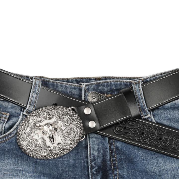 Men's Engarved Feather Bull Jeans Leather Belt - image 7