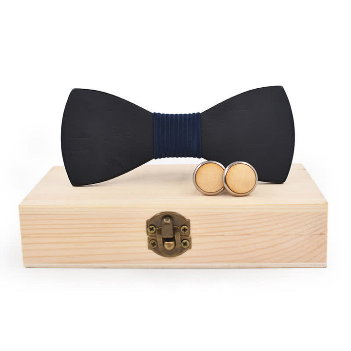 2Pcs Men's Black Wooden Bow Tie Cufflinks Set - Navy Twill - image 6