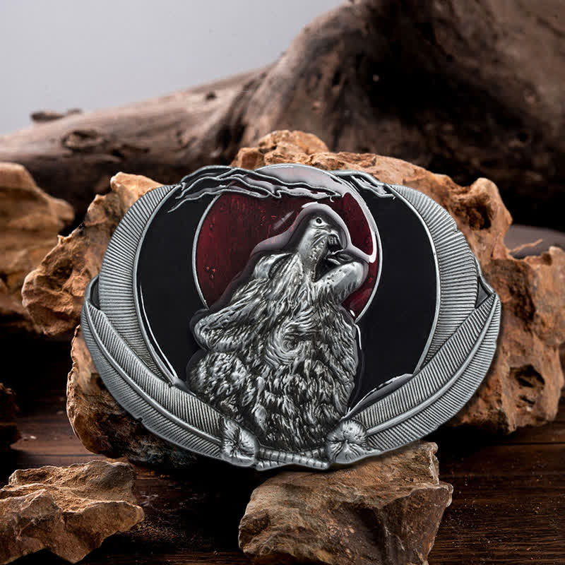 Men's DIY Howling Wolf Moon Oval Buckle Leather Belt - Red - Without Belt - image 0