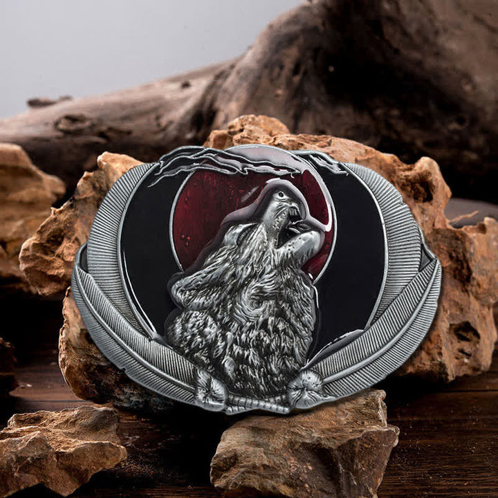 Men's DIY Howling Wolf Moon Oval Buckle Leather Belt - Red - Without Belt - image 0