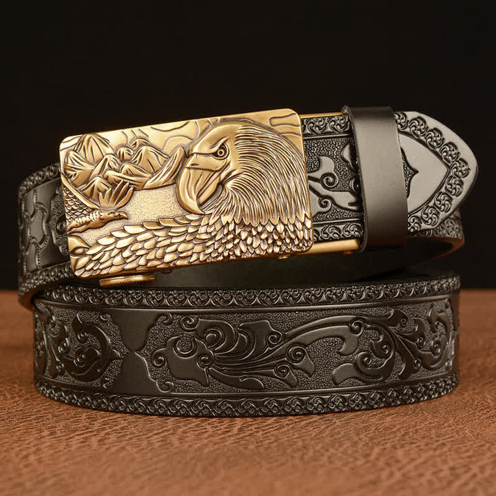 Men's Landscape Animal Eagle Leather Belt - Gold & Black - 46 - image 10