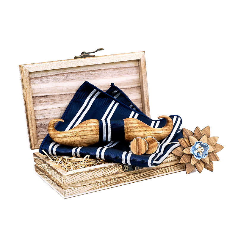4Pcs Men's Burlywood Moustache Wooden Bow Tie Set - Navy - image 0