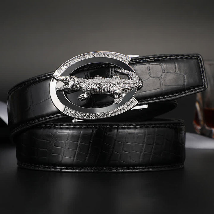 Men's Alligator Automatic Buckle Crocodile Print Leather Belt - Black / Silver - 42 - image 0