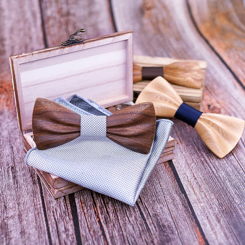 3Pcs Men's Hand Carved Crease Wooden Bow Tie Set - image 2