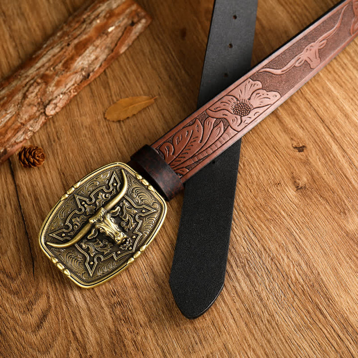 Men's Western Style Cow Head Printed Leather Belt - image 1