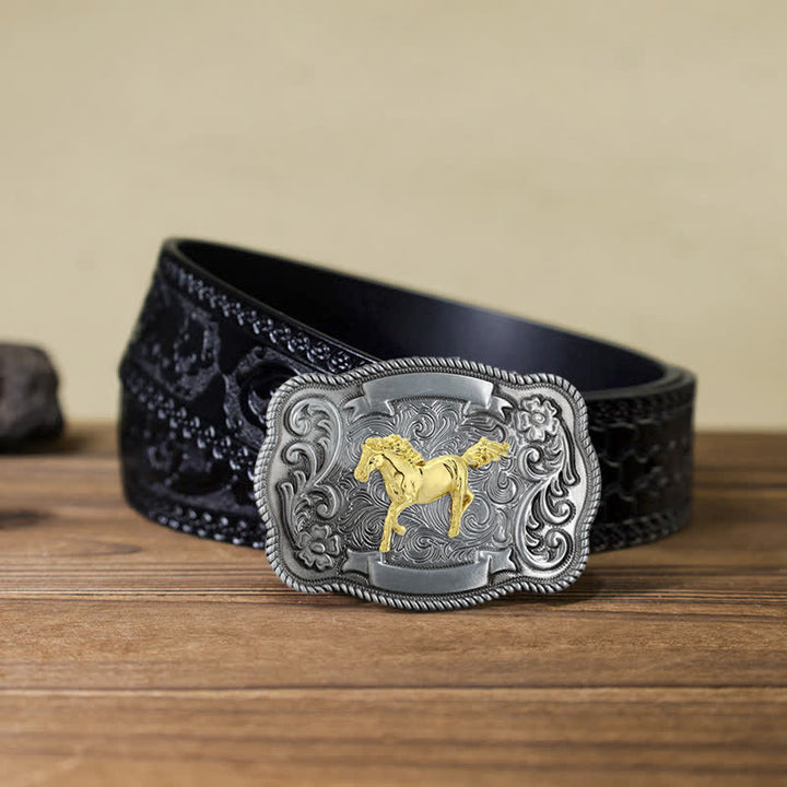 Men's DIY Gold Carving Animal Buckle Leather Belt - Horse - Black Carved Belt (40) - image 6