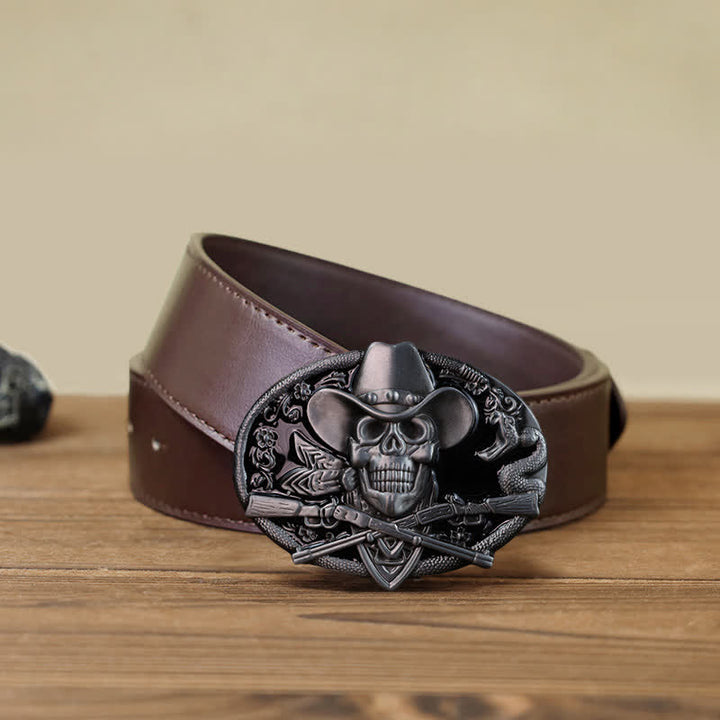 Men's DIY Skull With Cross Guns Buckle Leather Belt - Skull - Brown PU Belt (40) - image 6