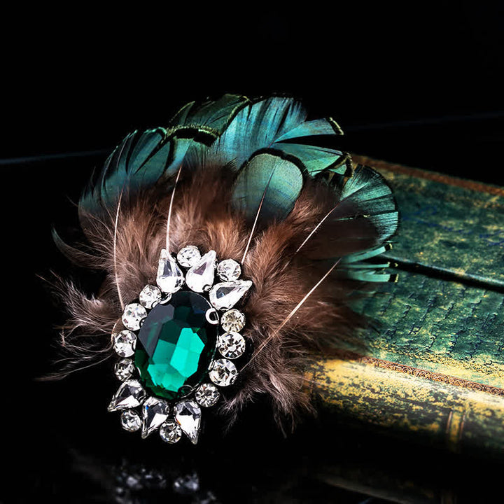 Women's Dark Green Crystal Feather Brooch - image 0