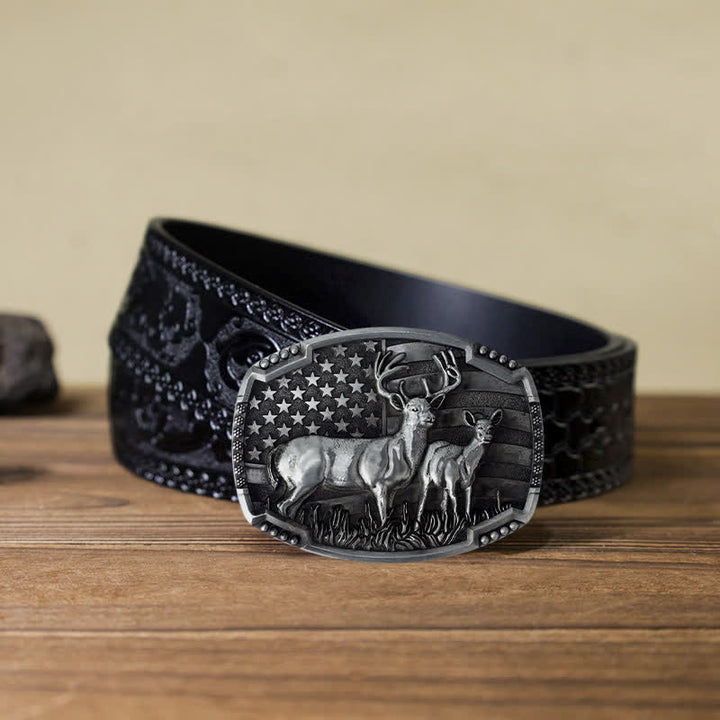 Men's DIY Deer Hunter American Flag Buckle Leather Belt - Silver Deers - Black Carved Belt (115 cm/46 inch) - image 26
