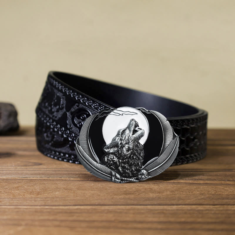 Men's DIY Howling Wolf Moon Oval Buckle Leather Belt - White - Black Carved Belt (40) - image 13
