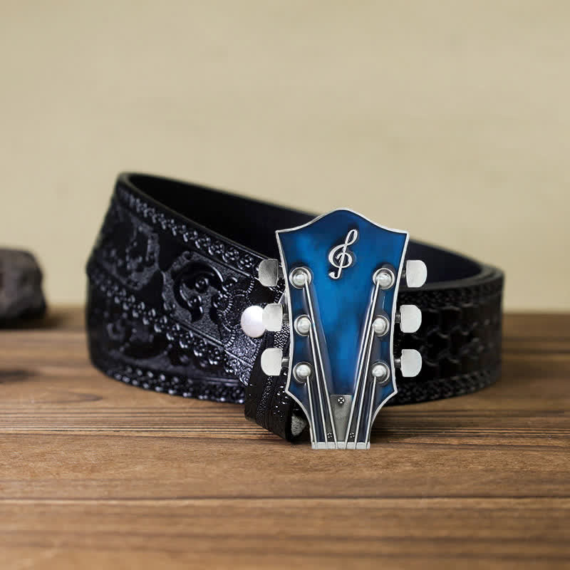Men's DIY Musical Guitar Headstock Buckle Leather Belt - Blue - Black Carved Belt (40) - image 19