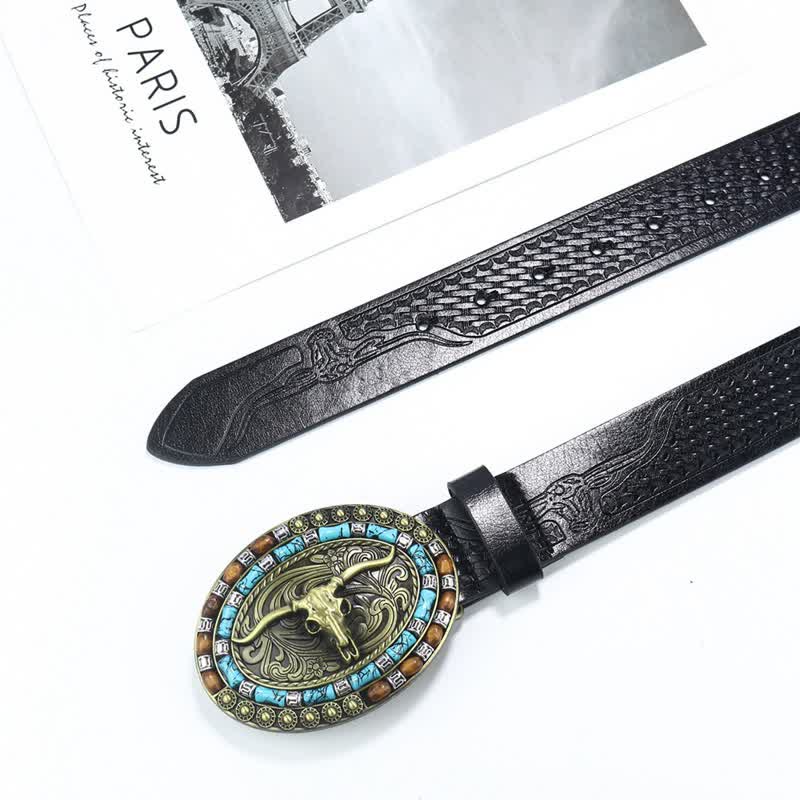 Men's Western Cowboy Turquoise Bull Leather Belt - image 22