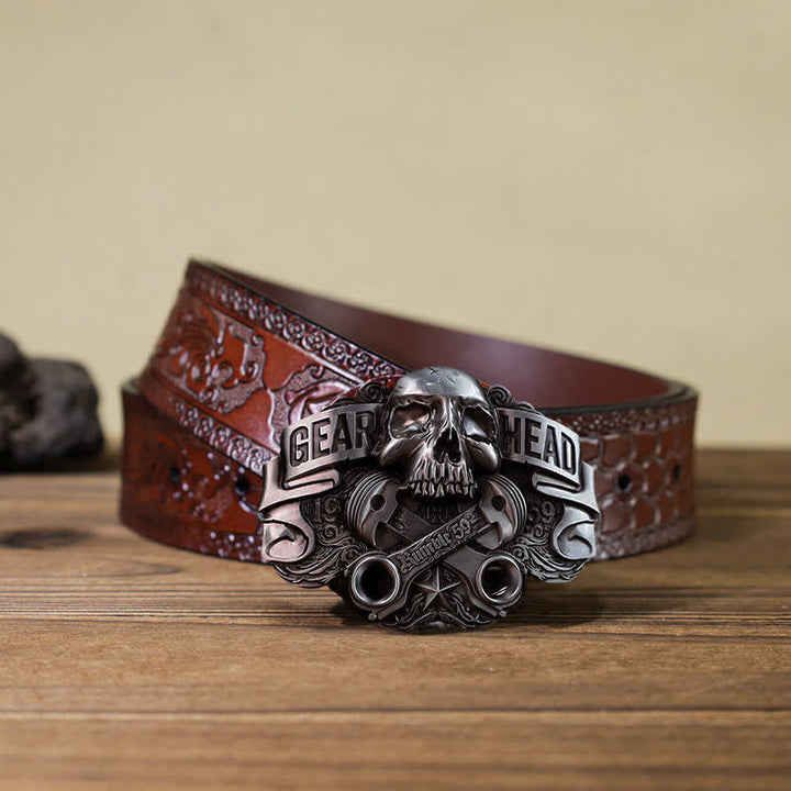 Men's DIY Gear Head Piston Skull Buckle Leather Belt - Gear Head - Brown Carved Belt (40) - image 11