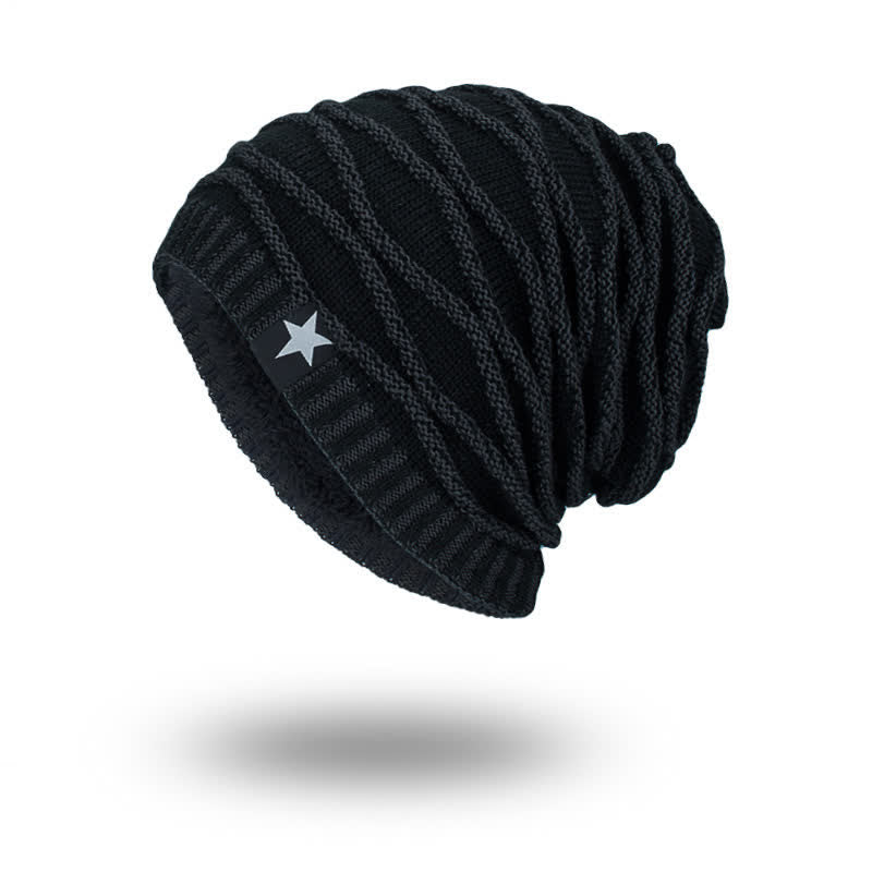 Fleece Lined Five-Star Beanie Knitted Hat - Black - M (22"-22 7/8") - image 8