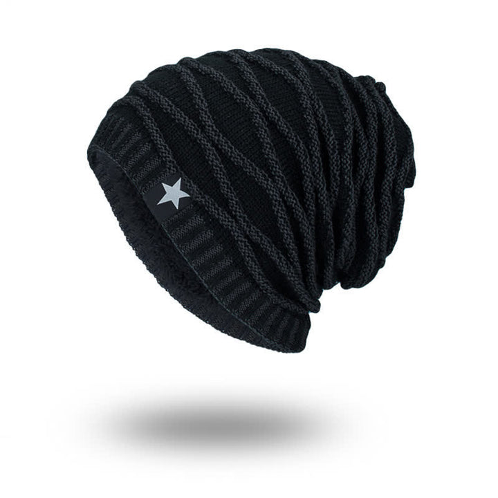 Fleece Lined Five-Star Beanie Knitted Hat - Black - M (22"-22 7/8") - image 8