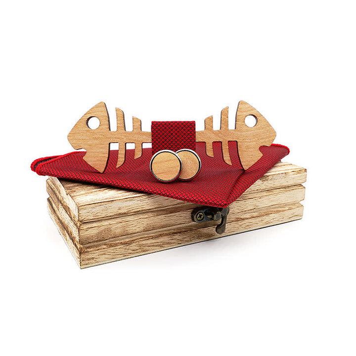 3Pcs Men's Fishbone Wooden Bow Tie Set - Red - image 0