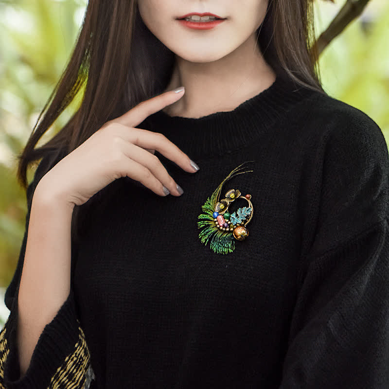 Women's Retro Bronze Flower Peacock Feather Brooch - image 1