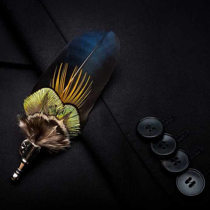 Blue & Yellow Peacock Feather Bow Tie with Lapel Pin - image 2