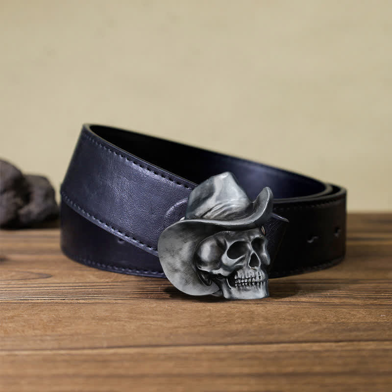 Men's DIY Creative Skull Head With Hat Buckle Leather Belt - Skull Head - Black PU Belt (40) - image 3